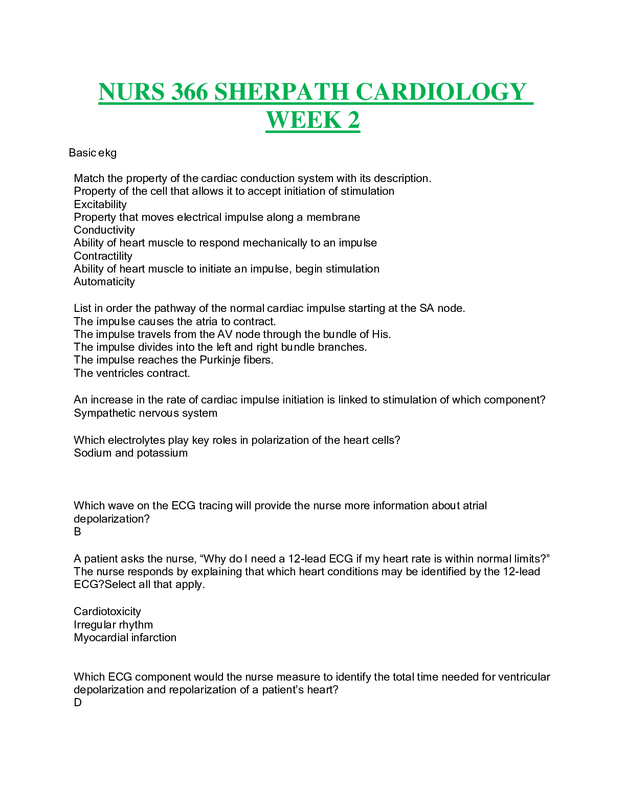 Preview image for NURS 366 SHERPATH CARDIOLOGY  WEEK 2 EXAM QUESTIONS WITH ANSWERS AND CORRECT GUIDE SOLUTION.